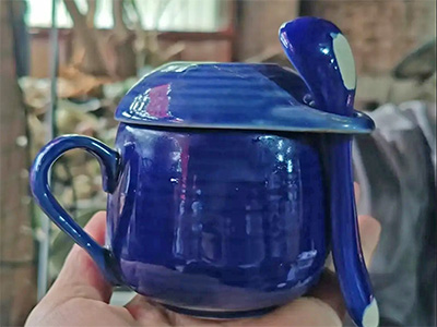 邯郸磁州窑陶瓷|宝石蓝釉咖啡杯盖勺套装